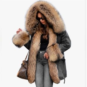 Roiii Women's Denim Winter Thicken Faux Fur Hooded Parka Jacket Coat